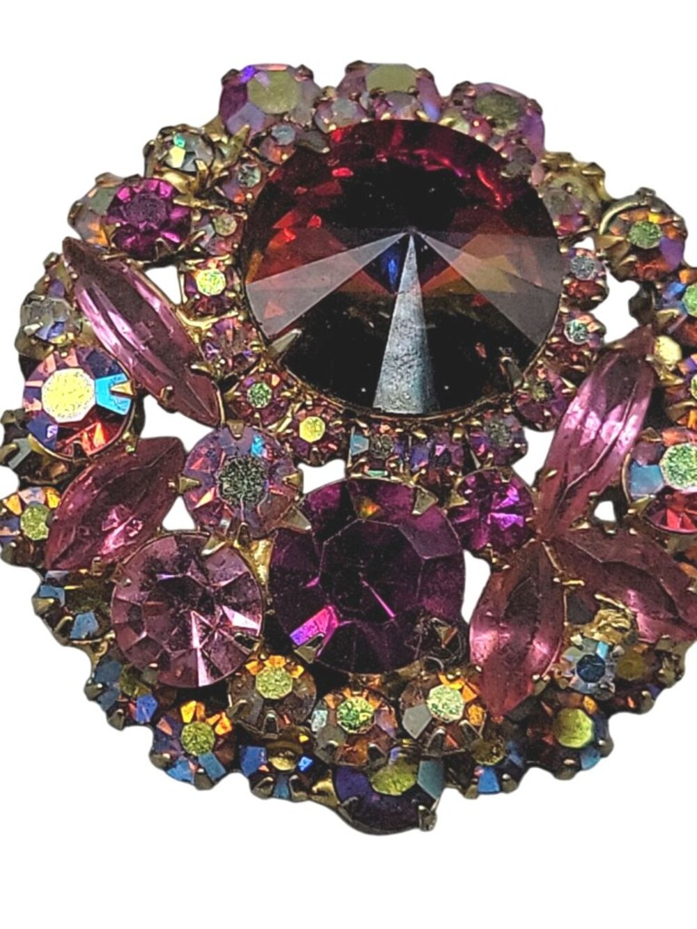 Juliana D&E Vintage Watermelon Rivoli Brooch Layered Pink Fuchsia AB Rhinestones - Picture 4 of 7